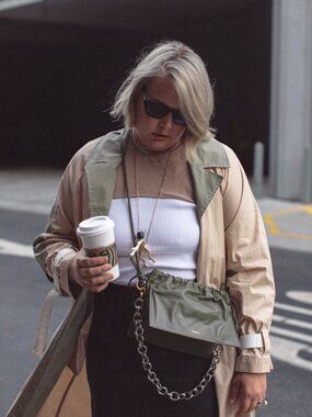 Yuzefi Bom Khaki Olive Calf Leather Top Handle Crossbody Chain Bag